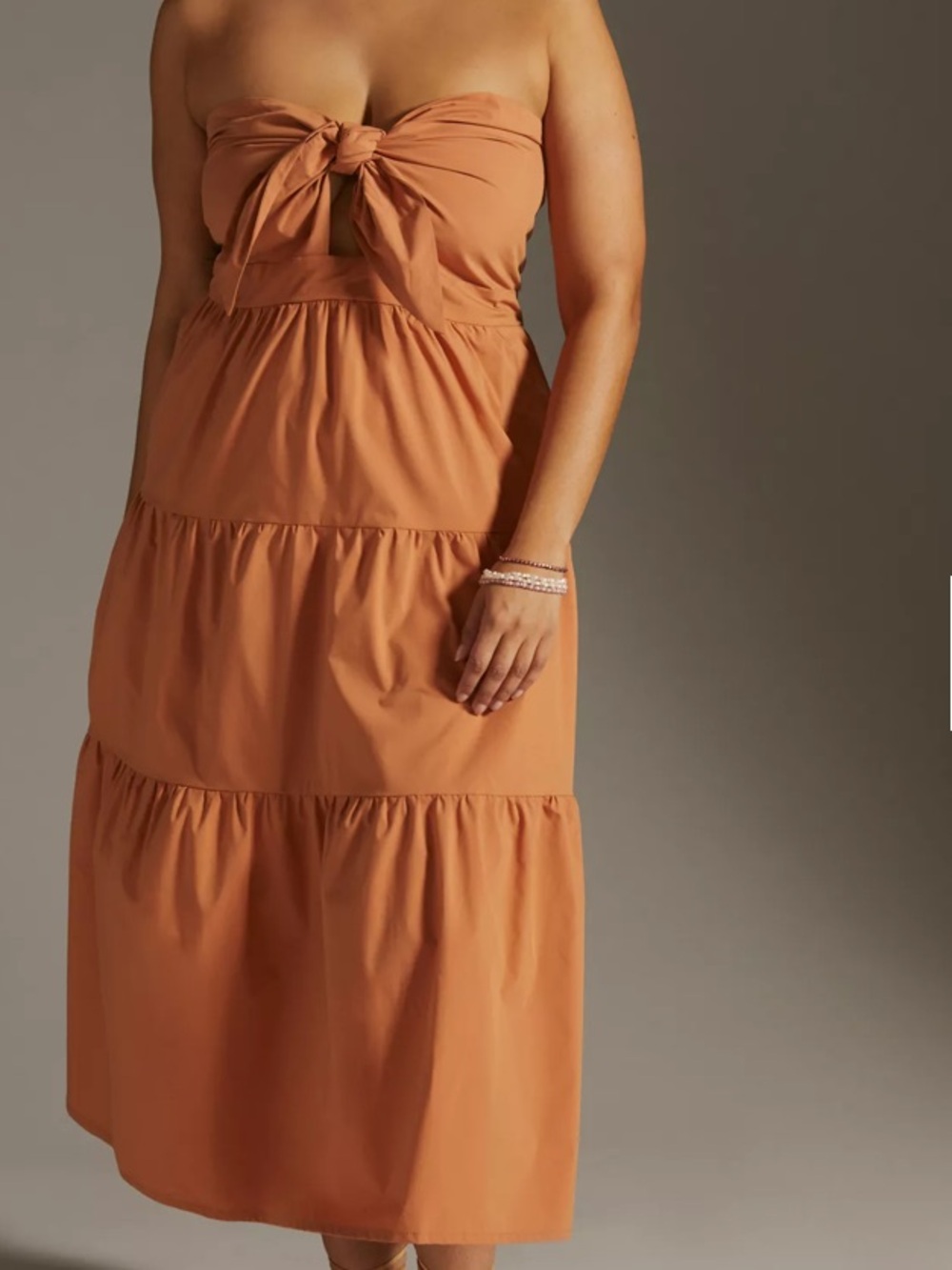 Anthropologie x Blue Tassel Strapless Tie-Front Tiered Midi Dress - Rust Lg